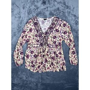 Torrid Womens Blouse Top Size 1 Cream Purple Floral Print Boho V-Neck Peplum